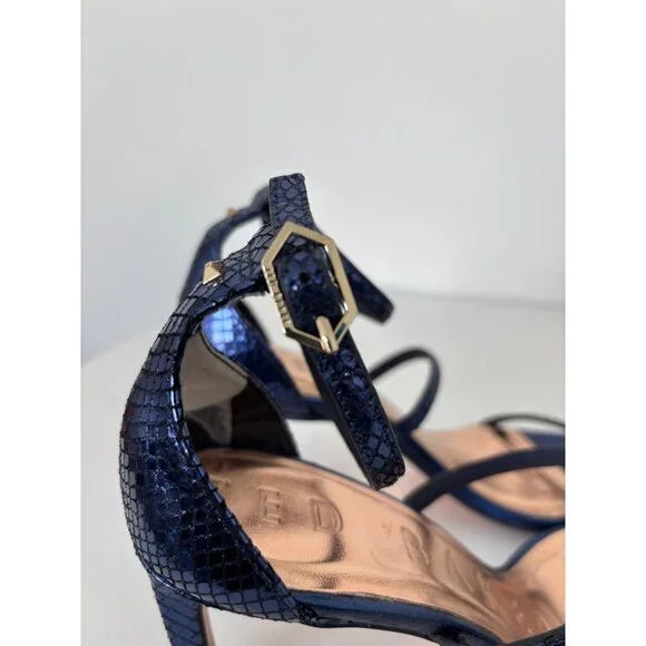 Ted Baker Heels 38 / US 7.5 Navy Strappy Heels Square Toe Ankle Strap Old Money - Picture 11 of 16